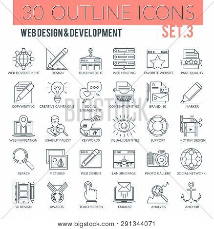 Set of outline icons on following themes - web design, web development, seo services, and other. Each icon neatly designed on pixel perfect 64X64 size grid. Perfect for use in website, presentation, promotional materials, illustrations, infogra