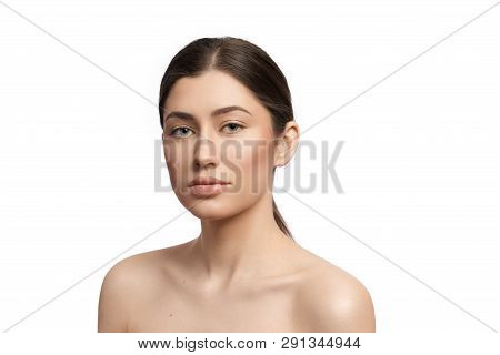 Portrait Of Beautiful, Pretty Girl With Naturale Make Up And Hairstyle Ponytail. Young Attractive Mo