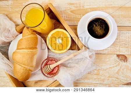 Good Morning. Continental Breakfast On Ristic Wooden Background.