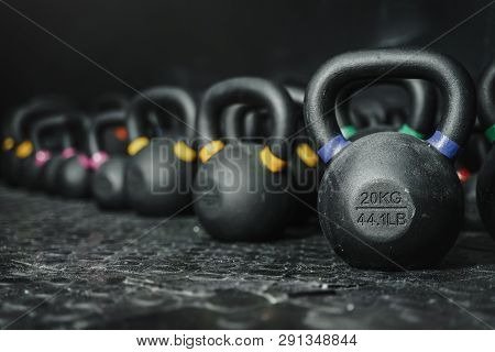 Kettlebells At The Gym. Sport Concept. Copy Space