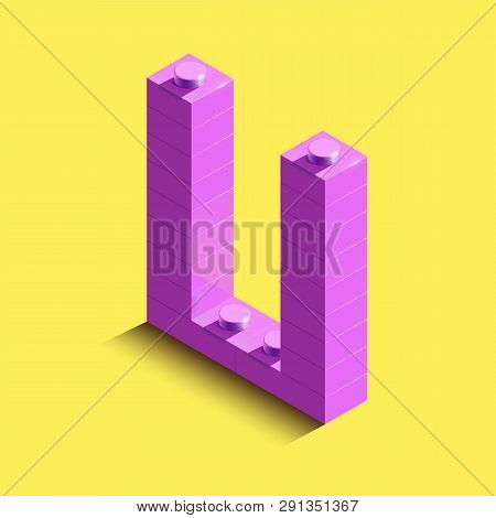 Realistic Pink 3d Isometric Letter U Of The Alphabet From Constructor Bricks. Pink 3d Isometric Plas