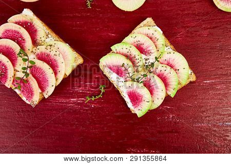 Healthy Breakfast Toasts From Sliced Watermelon Radish