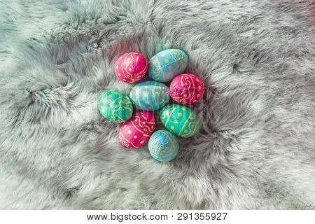 Multiple Colored Easter Eggs On Fur Background, Pink, Blue And Green Eggs Amsterdam The Netherlands,
