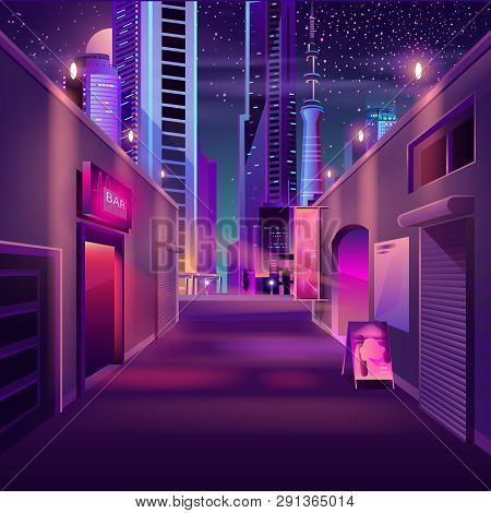 Night Bar On City Empty Side Street Cartoon Vector With Advertising Illuminated Neon Signboards On C