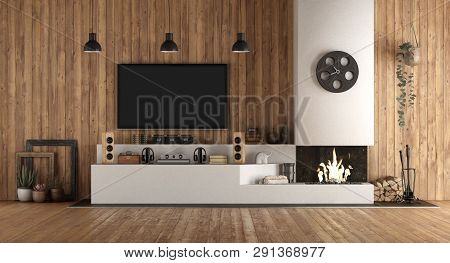 Home Cinema In Rustic Stryle With Fireplace And Wooden Paneling - 3d Rendering
