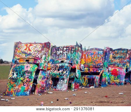 AMARILLO, TEXAS, USA - March 10 , 2019. Cadillac Ranch in Amarillo. Cadillac Ranch is a public art installation of old car wrecks and a popular landmark on historic Route 66