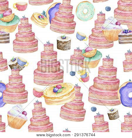 Pink Tasty Cake Birthday Isolated And Color Cups With Berrypattern Background Of Cute Cupcakes In Pa