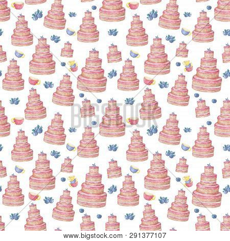 Pink Tasty Cake Birthday Isolated And Color Cups With Berrypattern Background Of Cute Cupcakes In Pa
