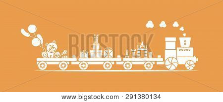 Funny Vector Illustration With Train Carries Toys: Baby Toy Musical Maracas, Designer, Bear, Gifts, 