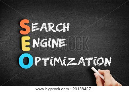 Color Wooden Alphabets Building The Word Seo - Search Engine Optimization Acronym On Blackboard
