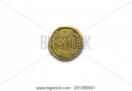 Merida, Spain - August 25th, 2018: Constans Roman Emperor Coin, National Museum Of Roman Art In Meri