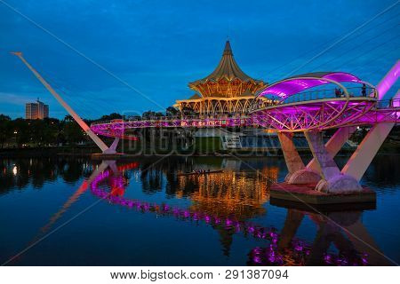 Kuching, Malaysia - March 11, 2019: Scenic Night View Of Illuminated State Legislative Assembly And 