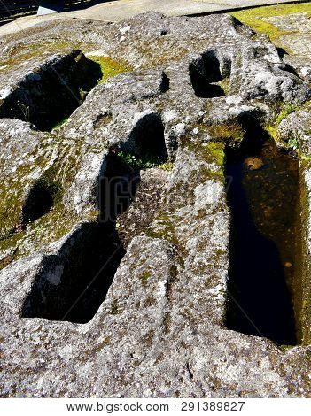 Medieval Anthropomorphic Tombs Dug In Stone. Sarmiento Castle, Ribadavia, Spain.