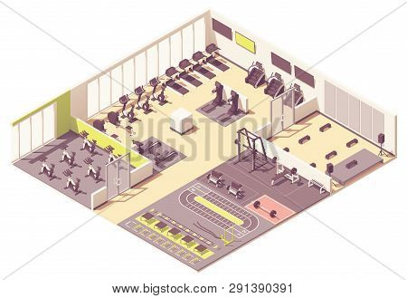 Vector Isometric Fitness Club Or Gym Interior Cross-section With Fitness Equipment And Machines. Tre