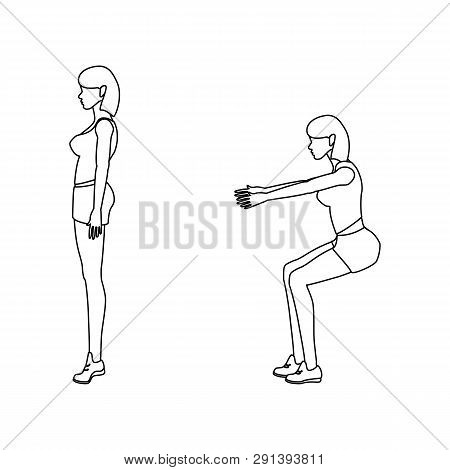 Bodyweight Squat Workout Outline On The White Background. Vector Illustration