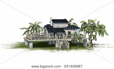 Deckhouse With Palm Trees On A Green Area - Isolated On White Background - 3d Illustration