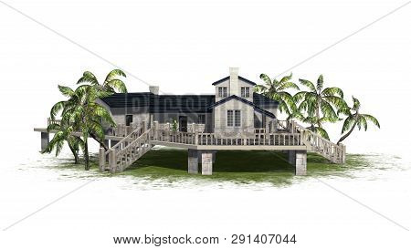 Deckhouse With Palm Trees - Isolated On White Background - 3d Illustration
