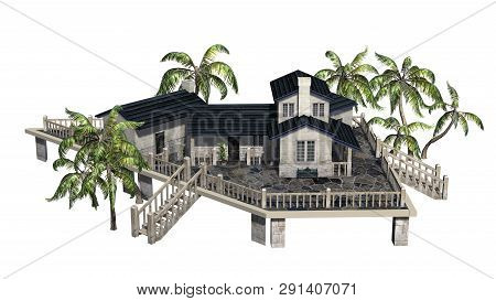 Deckhouse With Palm Trees - Isolated On White Background - 3d Illustration