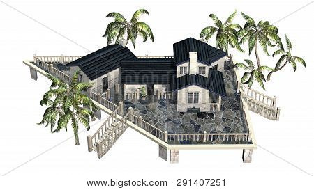 Deckhouse With Palm Trees - Isolated On White Background - 3d Illustration