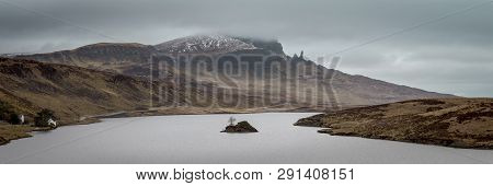 Overcast Morning View Of The Old Man Of Storr And Loch Leathan. Panorama