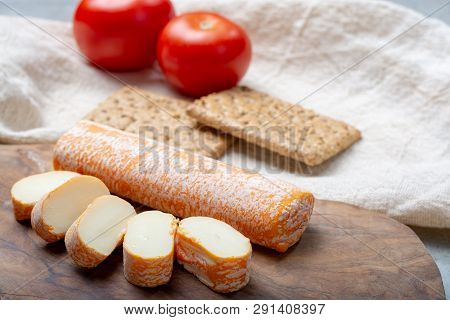 Fagotin Cheese With  Orange Coloured Rind Made From Cow Milk In Caves Of Maredsous Abbey, Belgium
