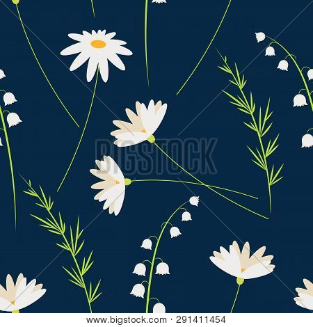 Vector Cartoon Flowers. Chamomiles And Lily Of The Valley. Seamless Floral Pattern. Fashion Style Fo