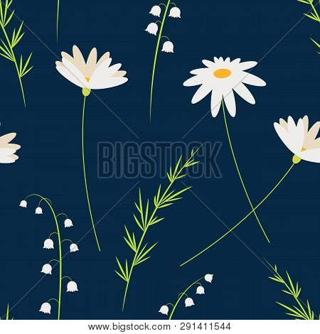 Vector Cartoon Flowers. Chamomiles And Lily Of The Valley. Seamless Floral Pattern. Fashion Style Fo