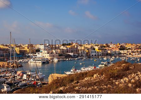 Lampedusa, Italy - August, 01: View Of The Lampedusa Old Port On August 01, 2018