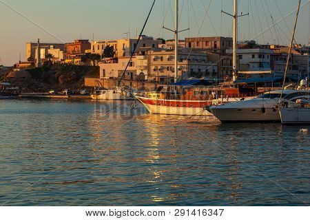 Lampedusa, Italy - August, 01: View Of The Old Town Of Lampedusa At Sunset Season Season, On August 