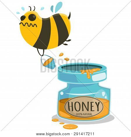 Honey Jar And Cute Cartoon Bee. Vector Illustration Isolated On White Background.