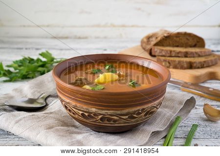 Traditional Hungarian Goulash soup with parsley and green onions in a bowl on a white and brown rust