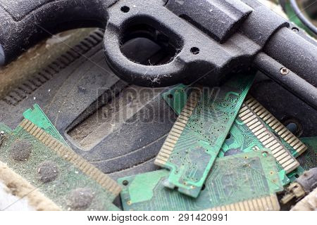 Retro Gamepad, Controller And Game Console Covered Vith Dirt And Dust. Obsolete And Outdated Technol