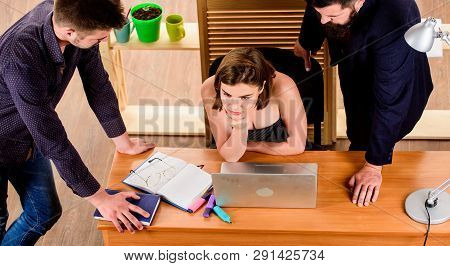 Desirable Sexy Lady Boss. Woman Sexy Attractive Female Working With Men Colleagues. Busty Colleague.