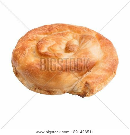 Placinta Cake Filled With A Soft Cheese. Isolated On A White Background.
