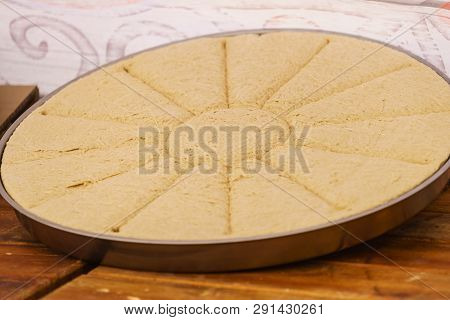 Halvah Sweet Traditional Food Dessert Made Of Nuts. Delicious Food, Tasty Healthy Snacks Concept.