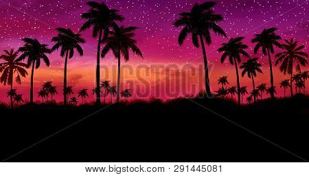 Night Landscape With Palm Trees, Against The Backdrop Of A Neon Sunset, Stars. Silhouette Coconut Pa