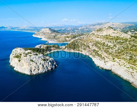 Ladiko Beach And Anthony Quinn Bay Aerial Panoramic View In Rhodes Island In Greece