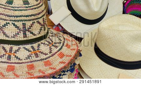 Colorful Handmade Panama Hats Or Paja Toquilla Hats Or Sombreros Made With Straw At The Traditional 