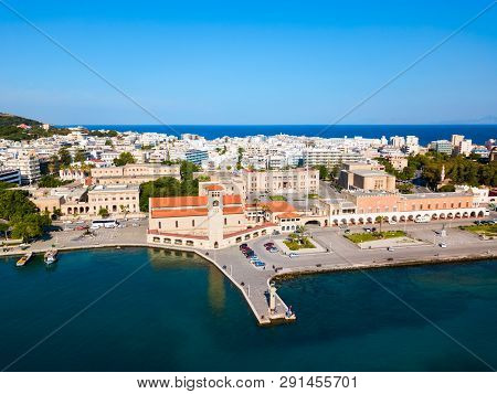 Colossus Of Rhodes And Evangelismos Church Or Ekklisia Evaggelismos Aerial Panoramic View In Rhodes 