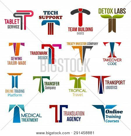 Corporate Identity Letter T Business Icons. Vector Technology And Support, Building And Nutrition, S