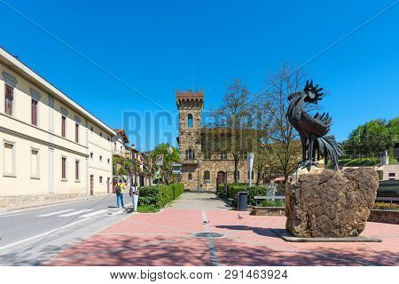 Greve In Chianti, Italy - April 21, 2018: The Statue Of A Black Rooster, The Symbol Of Chianti, Tusc