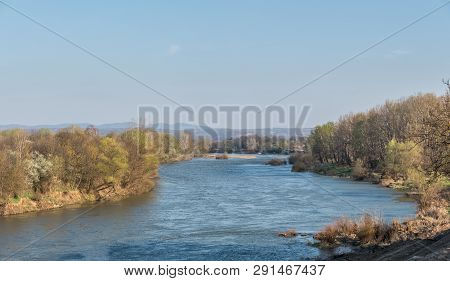 River Velika Morava In Serbia With Blue Sky Above And Green Trees