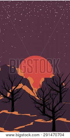Deep Space. Space Landscape Background. Cosmic Sunset On The Background Of Mountains. Background Tex