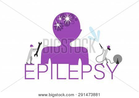 Epilepsy Word Concept Flat Vector Banner. Tiny People Cure Brain Disease Metaphor. Mechanic, Firefig