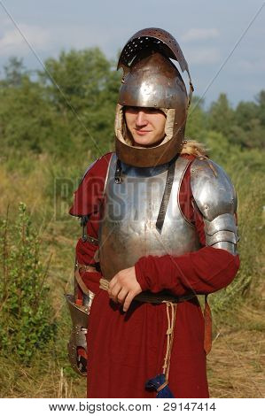 KIEV, UKRAINE - JULY 31: Member of history club Golden Capricorn wears medieval costume as he participates in historical festival and camp in memory of King Vladimir July 31, 2009 in Kiev, Ukraine.