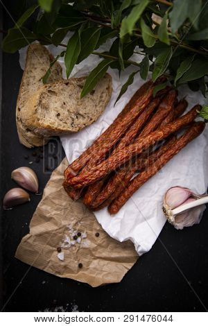 Dry Sausage. Smoked Sausages. Country Sausage, Homemade Sausage.