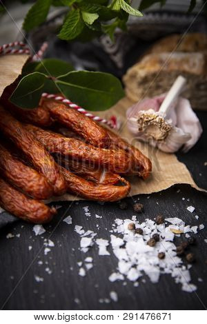 Dry Sausage. Smoked Sausages. Country Sausage, Homemade Sausage.