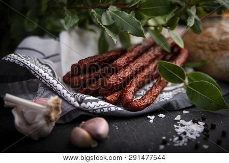 Dry Sausage. Smoked Sausages. Country Sausage, Homemade Sausage.