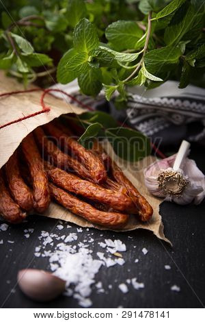 Dry Sausage. Smoked Sausages. Country Sausage, Homemade Sausage.