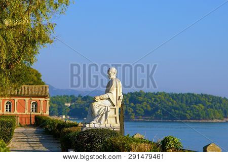 Morning Panoramic View With A Beautiful Statue In The Spianada Square In Corfu Town, Greece